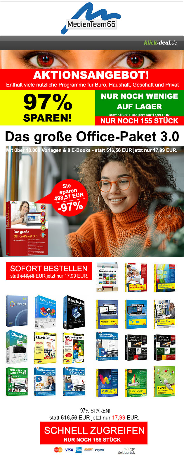 Neu!!! Das große Office-Paket 3.0 mit über 18.000 Vorlagen & 8 E-Books - statt 516,56 EUR jetzt nur 17,99 EUR.