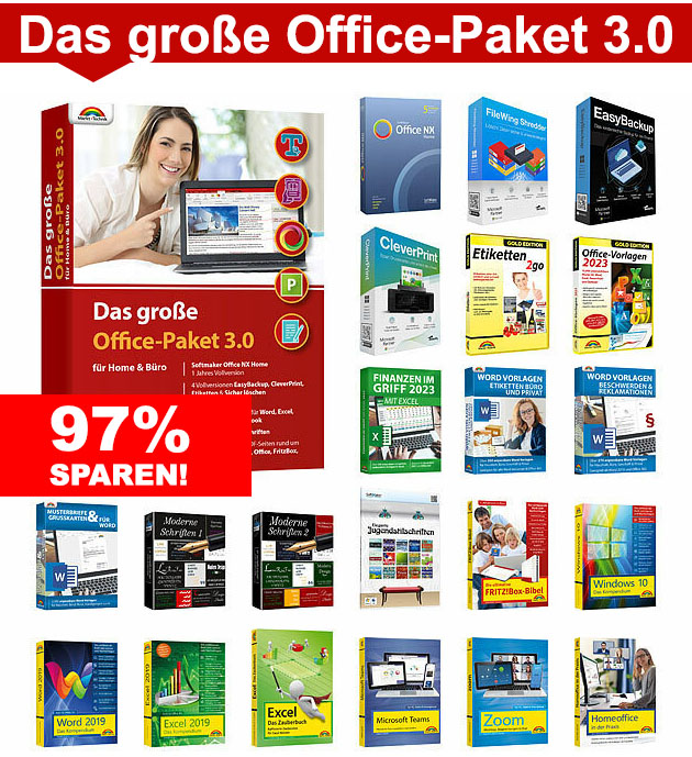 Neu!!! Das große Office-Paket 3.0 mit über 18.000 Vorlagen & 8 E-Books - statt 516,56 EUR jetzt nur 17,99 EUR.